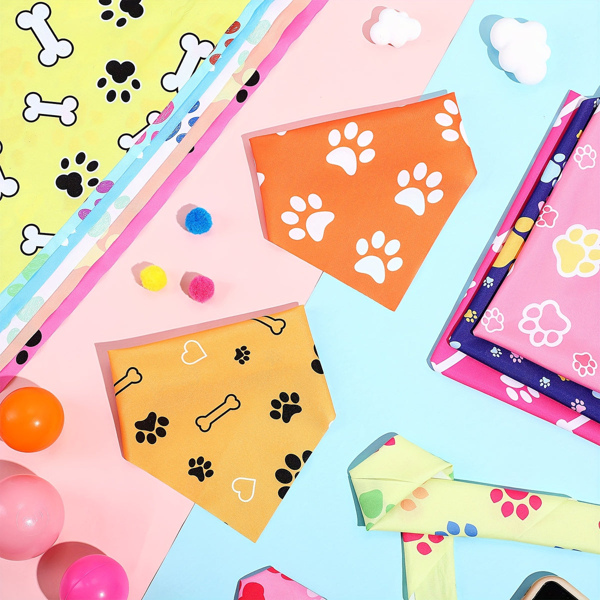 Paw Print Dog Bandanas 50 Pack, Bulk Triangle Pet Kerchiefs and Costume Bibs for Dogs and Cats, Grooming Finishes, Parties and Photo Outfits