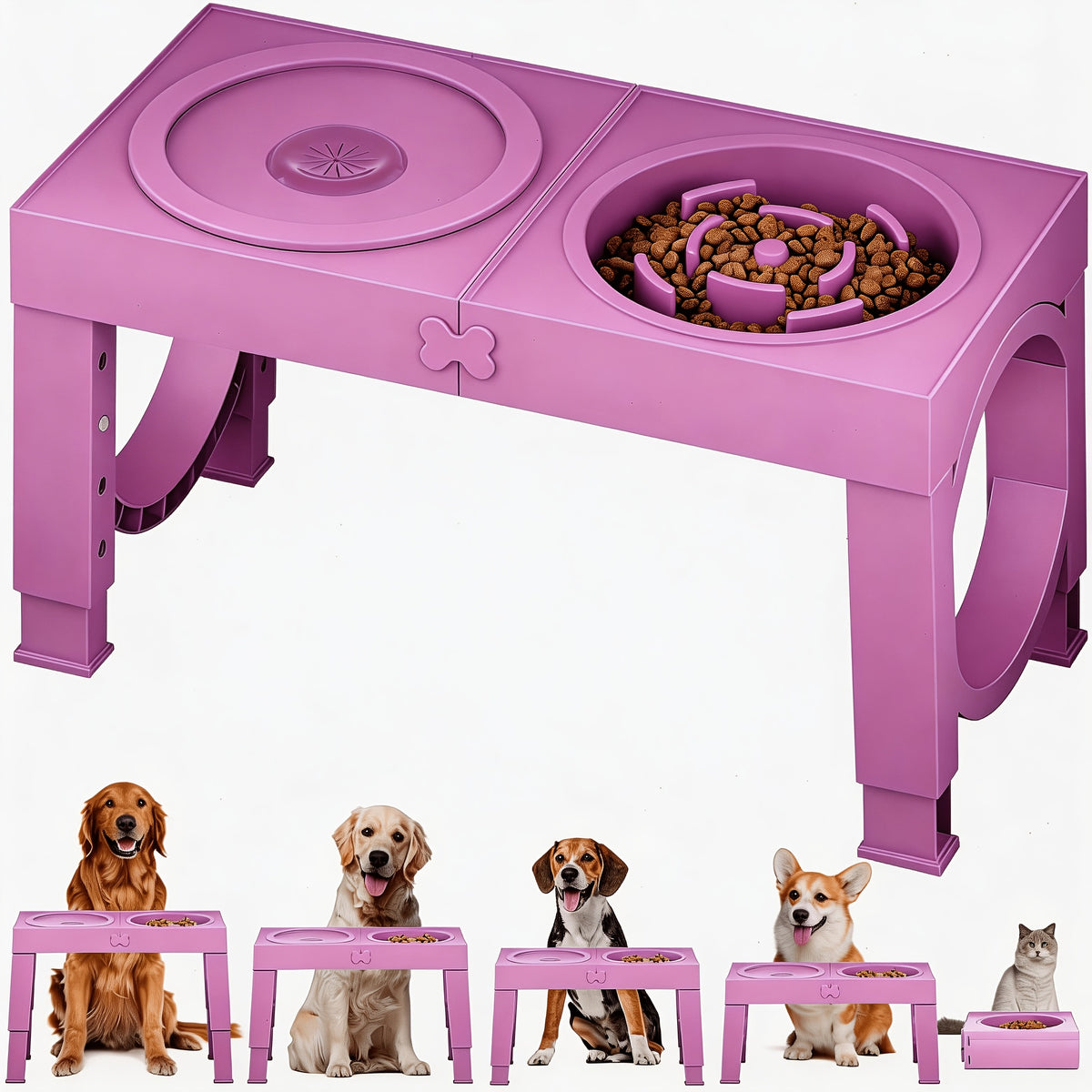 Foldable Elevated Dog Bowls with Height Adjustable Stand for Large Dogs, Raised Food and Water Feeding Station with Stainless Steel Bowl Options