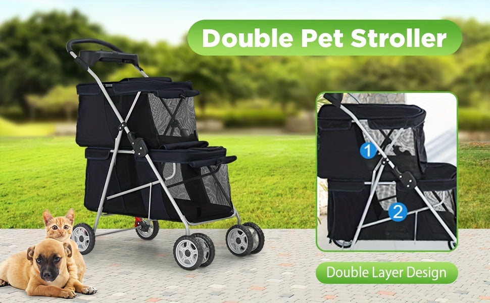 Double Decker Pet Stroller for Dogs and Cats, Foldable Four-Wheel Travel Pushchair with Cup Holder in Black or Pink for Small to Medium Pets