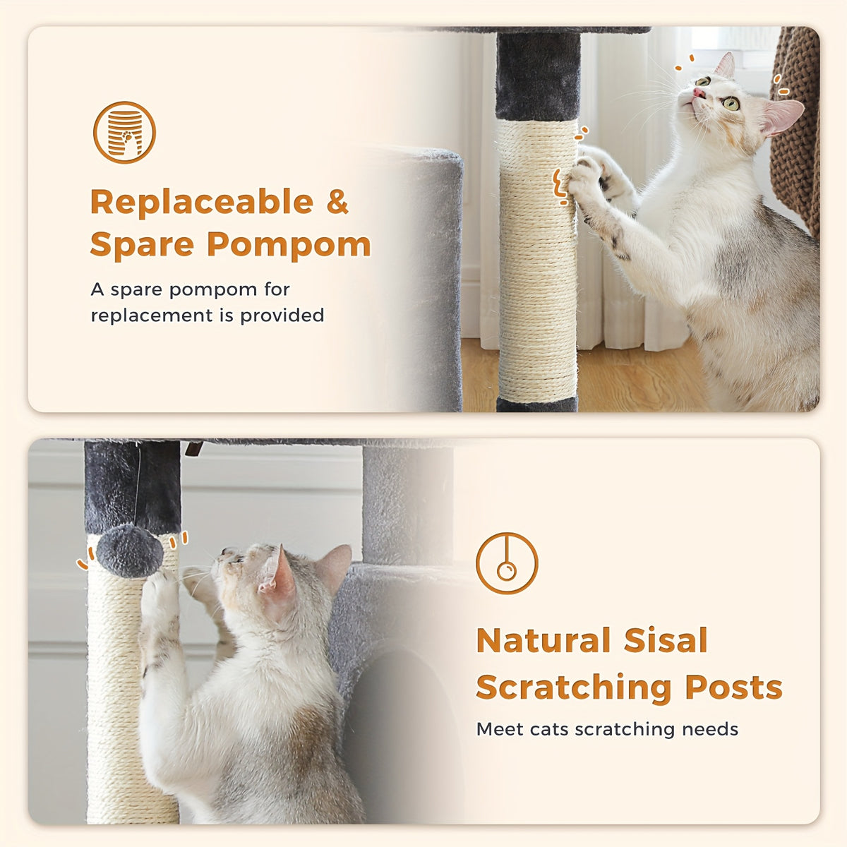 Cat Tree with Two Spacious Condos, 31.5 or 44 Inch Indoor Cat Tower with Washable Top Perch, 3.4 Inch Thick Scratching Posts and Two Play Toys