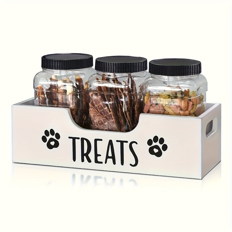 Pet Treat Jar Organizer with Paw Print Pattern, Farmhouse Countertop Holder for 3 Jars, Faux Wood Look in Black or White for Dog Owners
