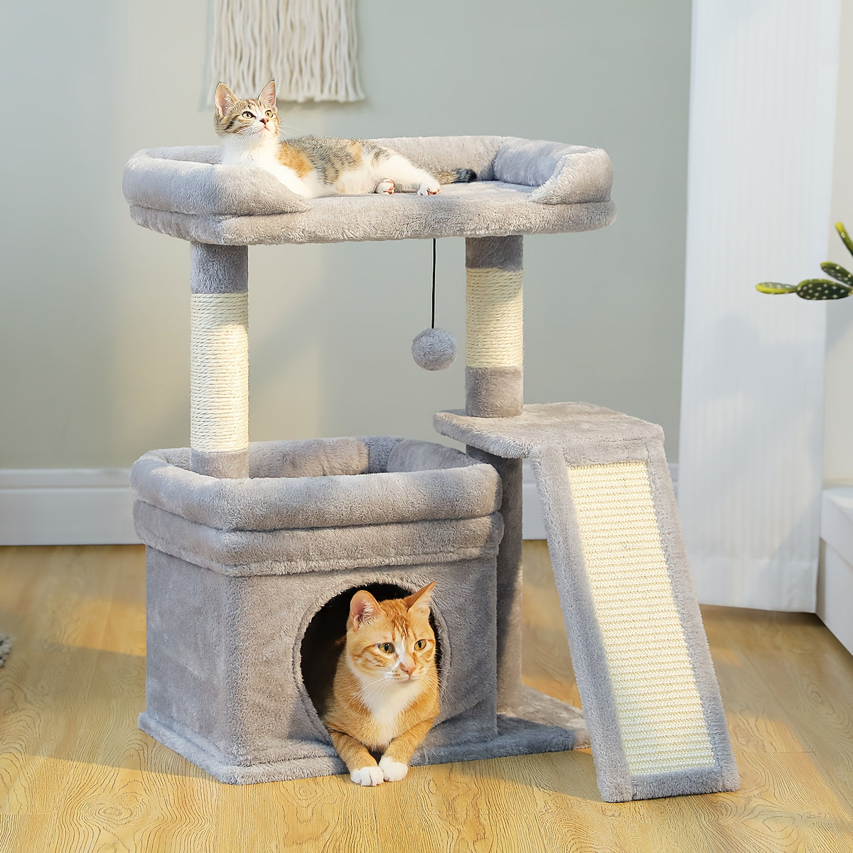Cat Tree with Wide Perch and Condo, Modern Wood Cat Tower with Sisal Scratching Posts and Pad for Large Adult Indoor Cats and Compact Living Spaces