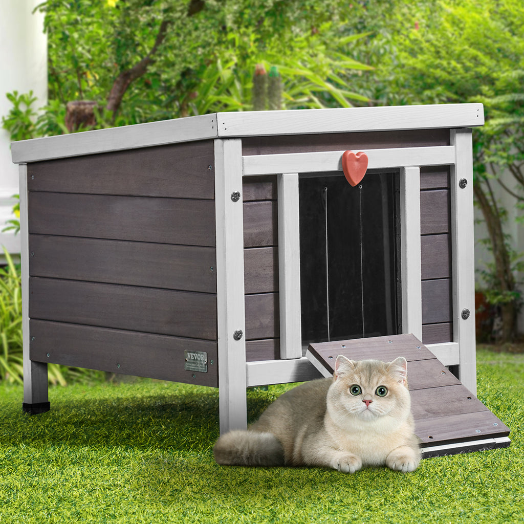 Fir Wood Outdoor Cat House with Asphalt Roof, Acrylic Window and Removable PVC Door Flaps, 20 or 24 Inch Feral Cat Shelter with Cleaning Access