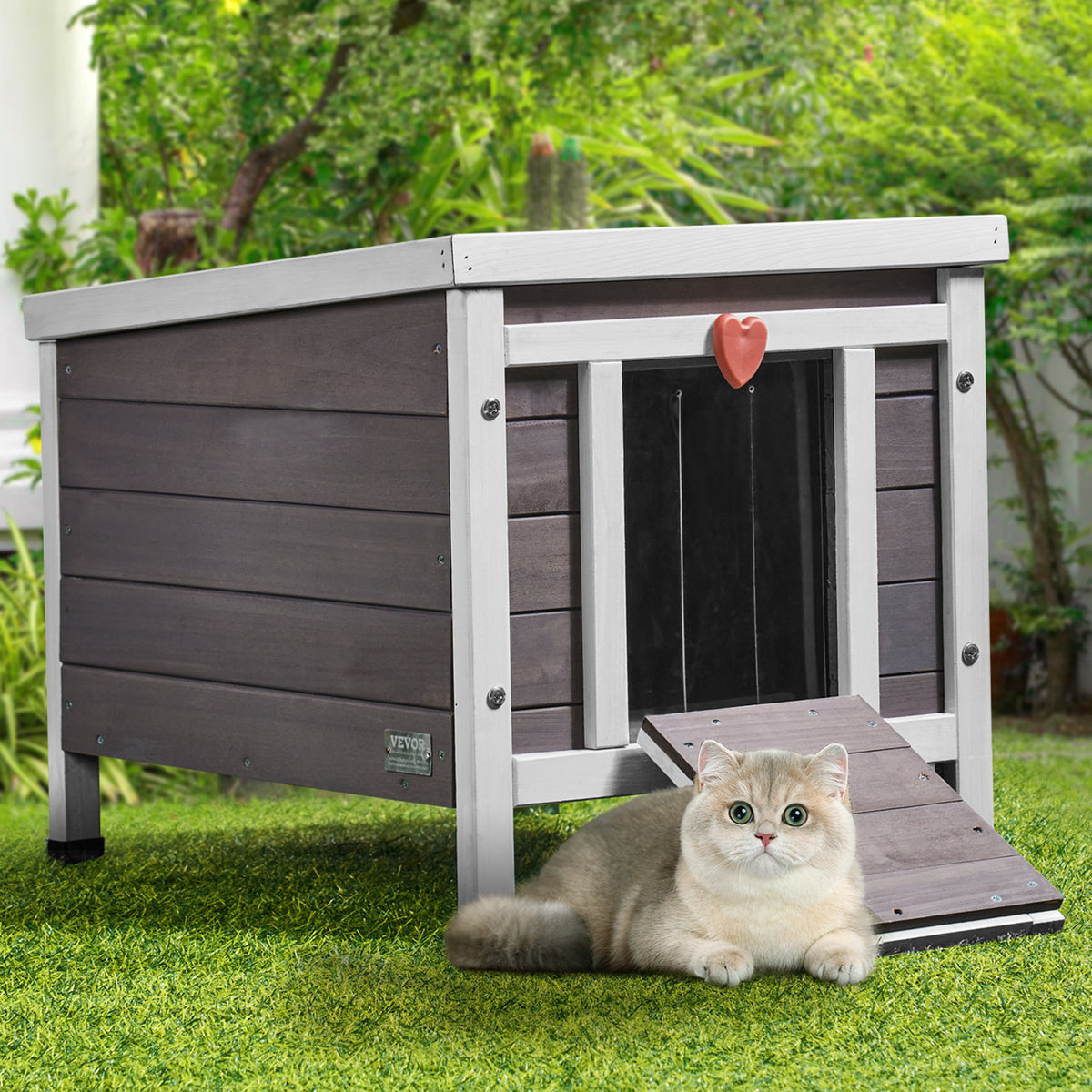 Fir Wood Outdoor Cat House with Asphalt Roof, Acrylic Window and Removable PVC Door Flaps, 20 or 24 Inch Feral Cat Shelter with Cleaning Access