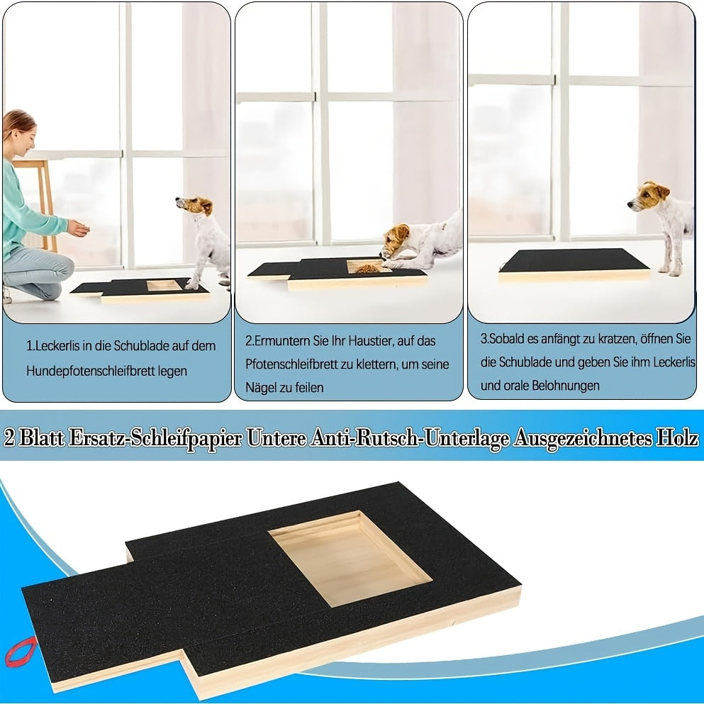 Dog Nail Scratch Pad with Treat Drawer, Interactive Paw Filing Board for Reward-Based Home Grooming, Board and Replacement Sandpaper Options