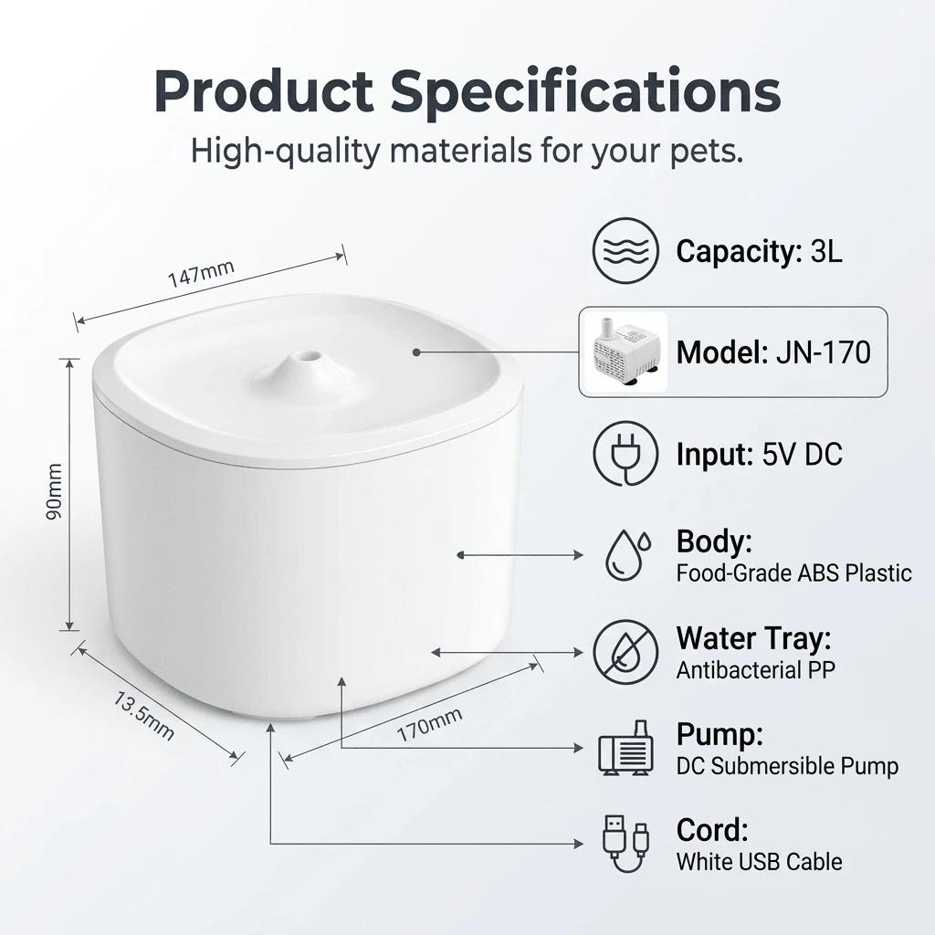 Pet Water Fountain 3L Filter Bundle, Quiet USB Powered Drinking Dispenser with 2 Replacement Filters and Detachable Design for Cats and Dogs