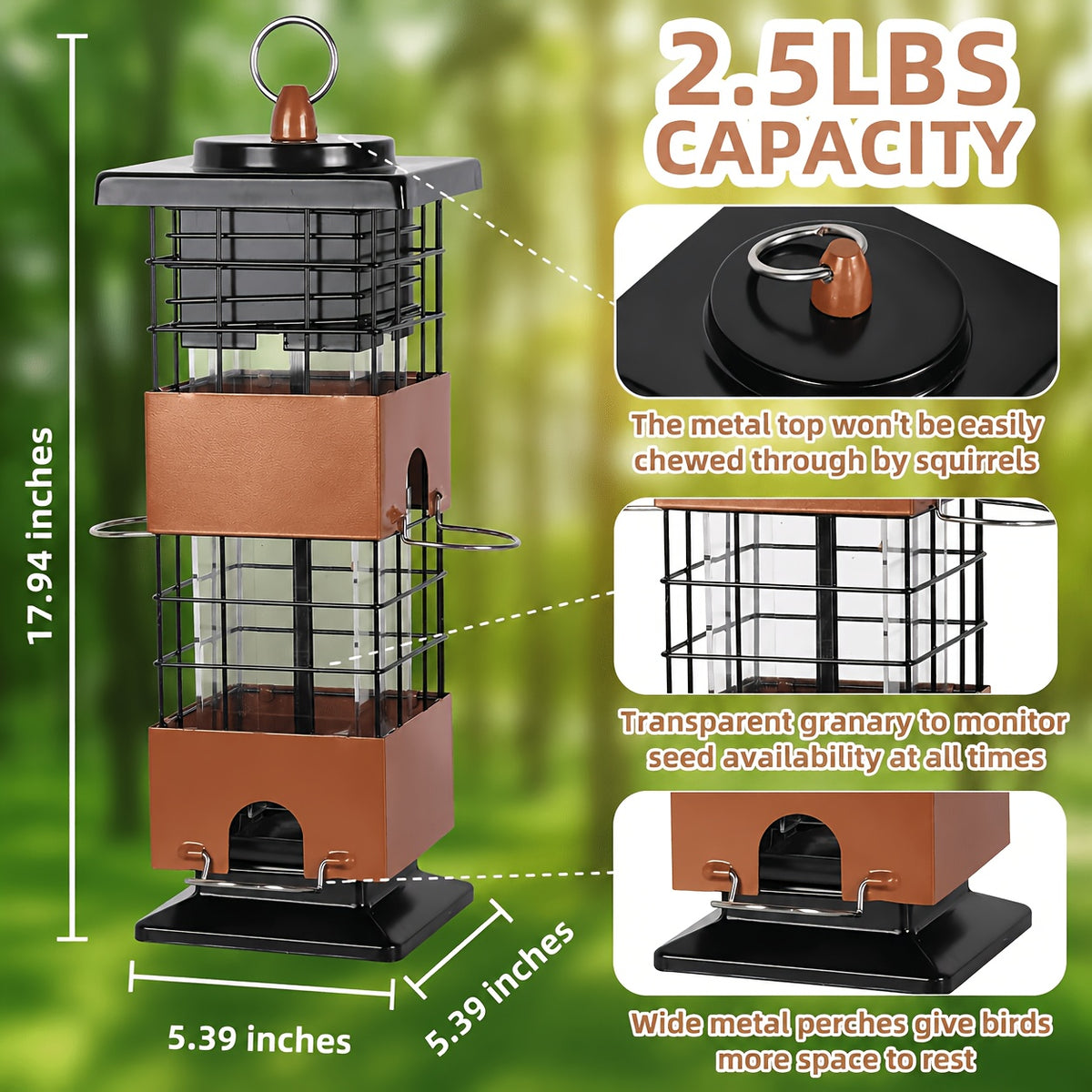 Weight-Activated Bird Feeder for Outdoors, Metal Hanging Wild Bird Feeder with Listed 5 lb Capacity and Dual-Sided Squirrel-Deterrent Design