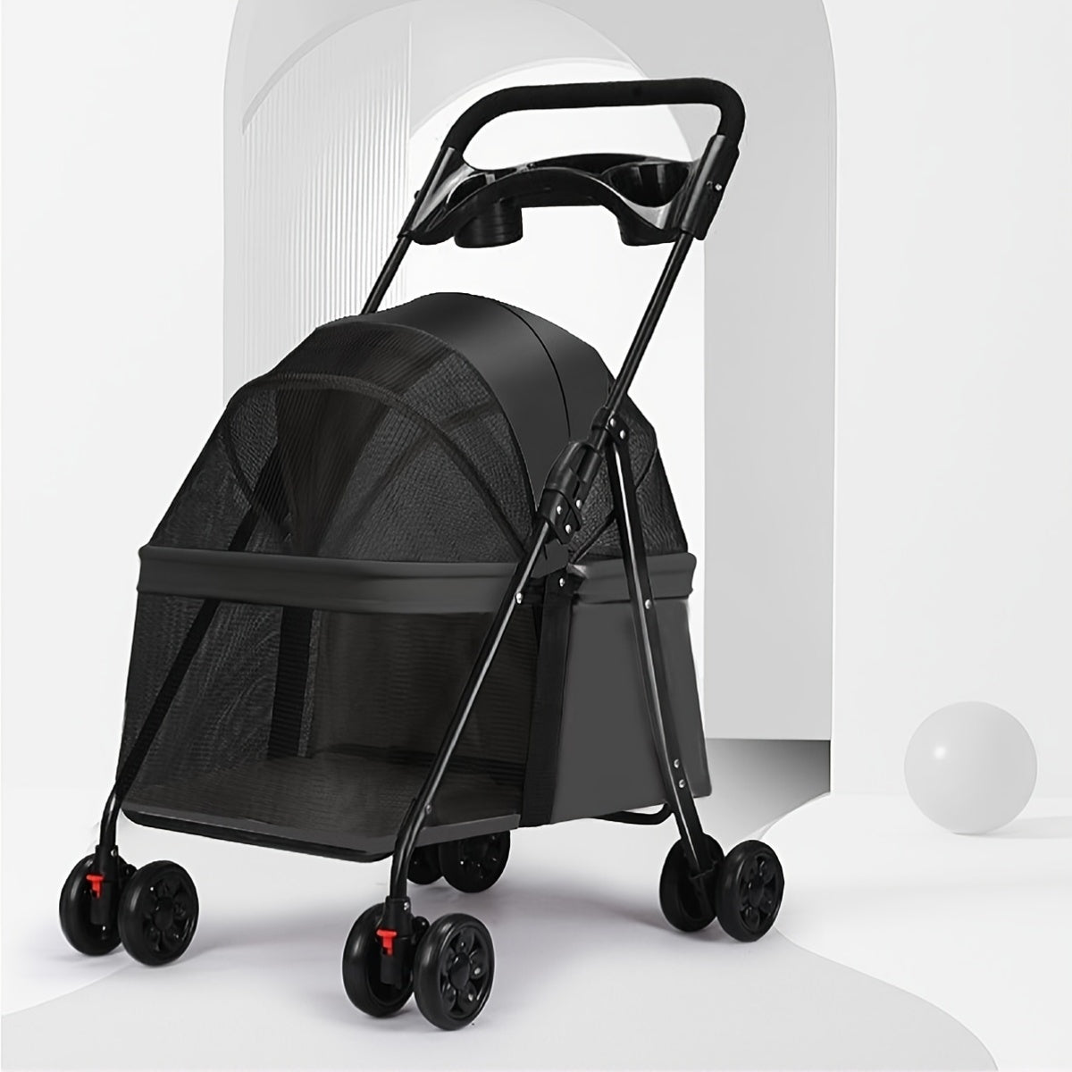 Four-Wheel Pet Stroller for Small Dogs and Cats, Foldable Metal Frame Pushchair with Ventilated Canopy, Ergonomic Handle and Storage Basket in Gray or Black