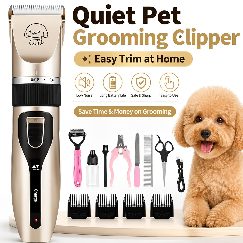 Electric Dog Grooming Clippers, Low-Noise USB Rechargeable Pet Hair Trimmer for Dogs and Cats, Golden or Red with 12-Piece Set Options