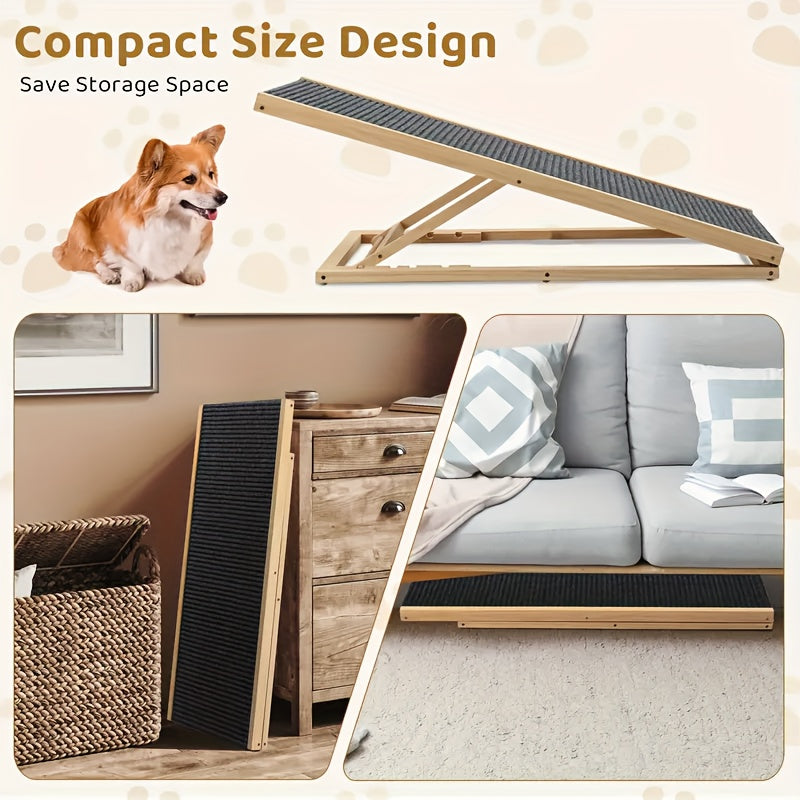 Adjustable Wooden Dog Ramp for Couch and Bed Access, Folding Pet Ramp with Textured Walking Surface for Dogs and Cats, S and L Options