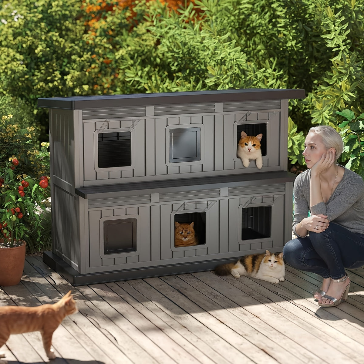 Two-Story Cat House with Multiple Small Windows, Double-Layer Cat Apartment and Resting Shelter for Stray Cats, Blue or Black Color Options