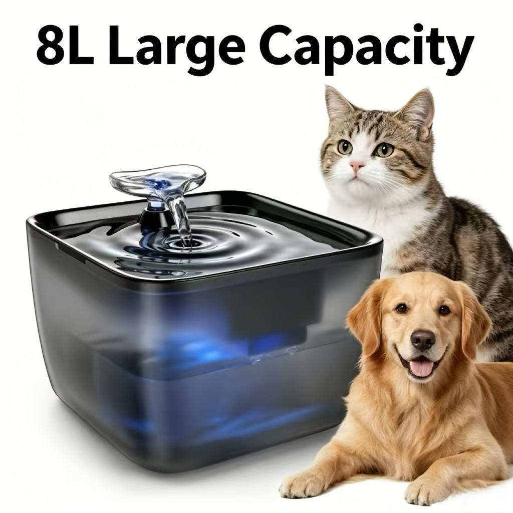 Pet Water Fountain 8L with Visible Water Level and Dry-Run Shutoff, Quiet Black Plastic Drinking Dispenser for Cats and Dogs with Filter Bundle Option