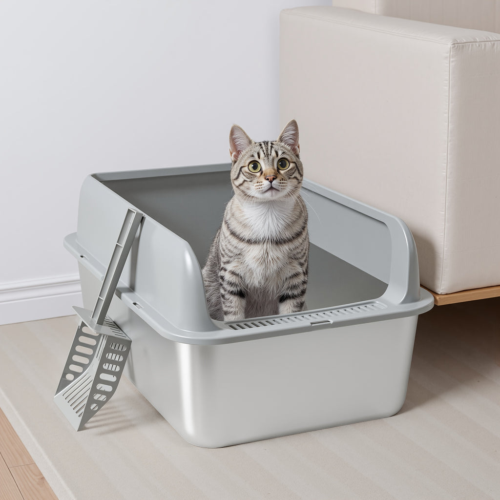 Stainless Steel Sifting Litter Box with High Sides and Buckle-Secured Lid, Pellet Cat Litter Pan with Scoop and Anti-Slip Stickers for Indoor Cats