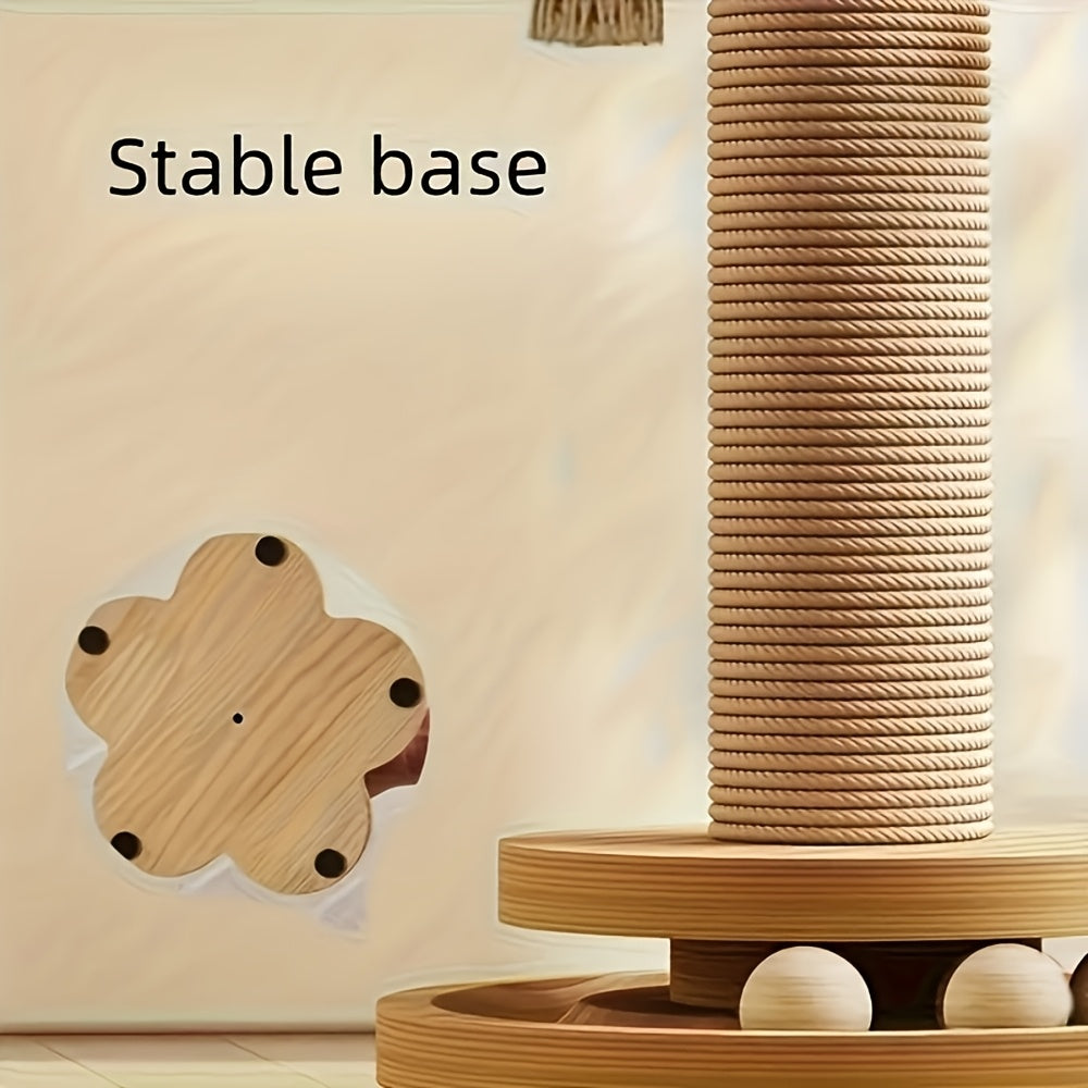 4-in-1 Cat Scratching Post with Wooden Ball Track, Sisal Scratcher with Six Wooden Balls, Feather Teaser and Hanging Toys for Indoor Cats