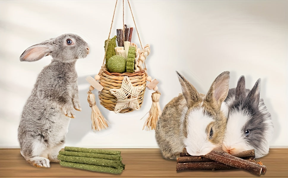 Rabbit Chew Toys Basket for Bunnies and Hamsters, Assorted Chewable Small Pet Enrichment Toys in Classic Style for Supervised Indoor Play
