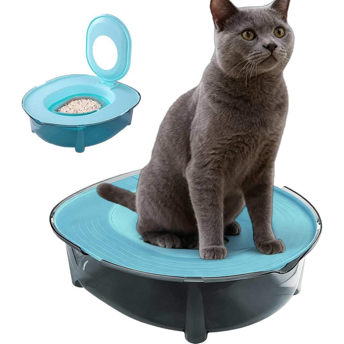 Cat Litter Pan Set with Bottom Bowl, Removable Anti-Splash Kitten Toilet for Home and Apartment Potty Routines, Blue Pink or Yellow