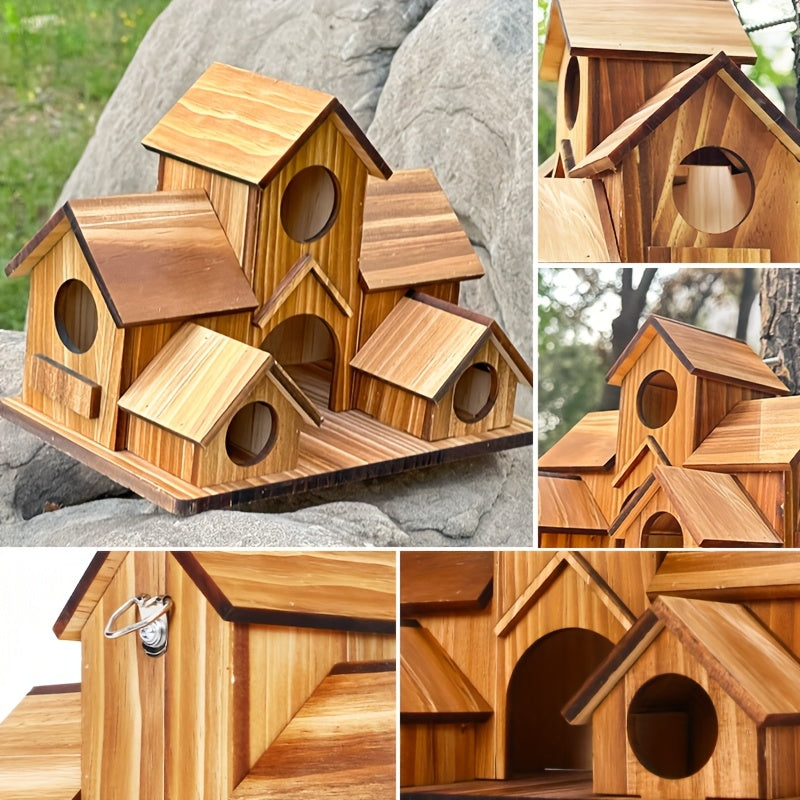 Villa Style Wooden Birdhouse with Multiple Entry Openings, Compact Wood Color Bird House for Outdoor Garden Decor and Bird Lover Gifts