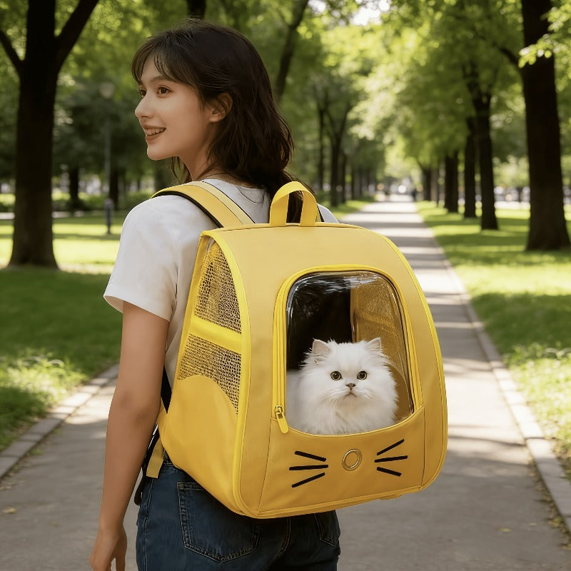Cat-Face Pet Carrier Backpack with Clear Viewing Window, Collapsible Mesh-Sided Travel Bag for Cats and Small Dogs, Four Color Options