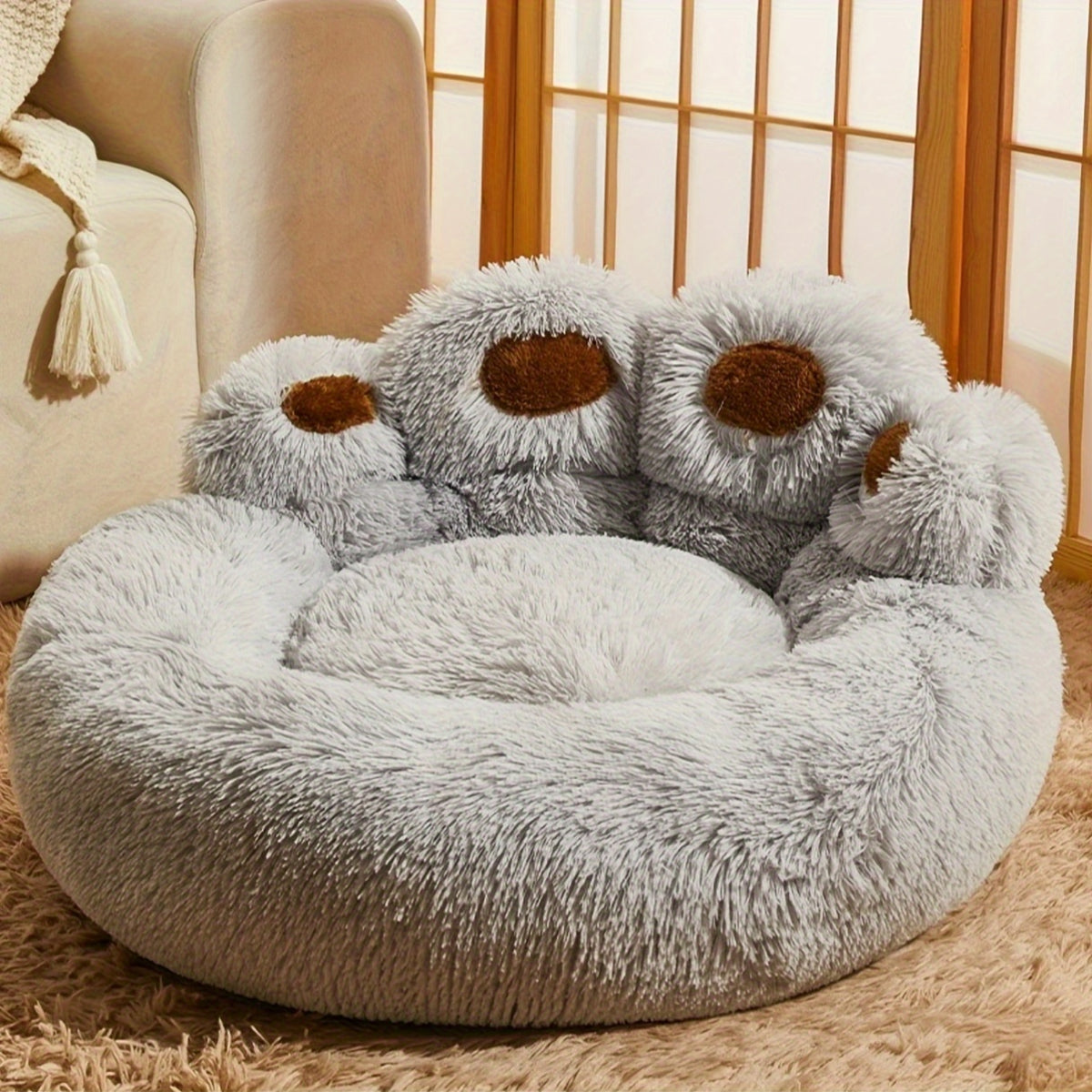 Plush Dog Bed with Bear Paw Design, Washable Fluffy Pet Sleeping Cushion with Raised Edges, 60–90 cm Sizes in Coffee, Pink and Gray
