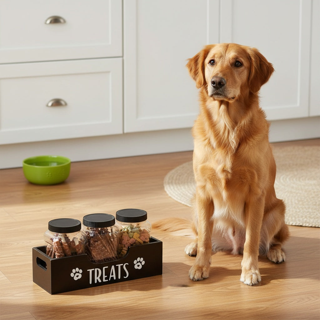 Pet Treat Jar Organizer with Paw Print Pattern, Farmhouse Countertop Holder for 3 Jars, Faux Wood Look in Black or White for Dog Owners
