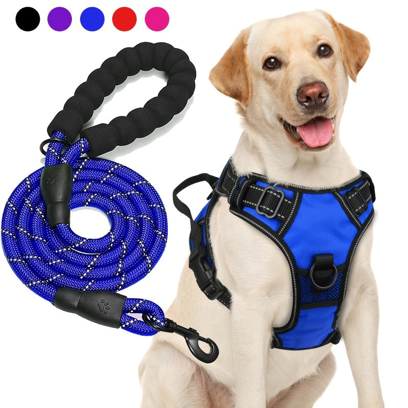 Oxford Dog Harness and Rope Leash Set, Adjustable Reflective Mesh-Padded Walking Vest with Four Fit Points and 5-Foot Padded-Handle Lead, S to XL
