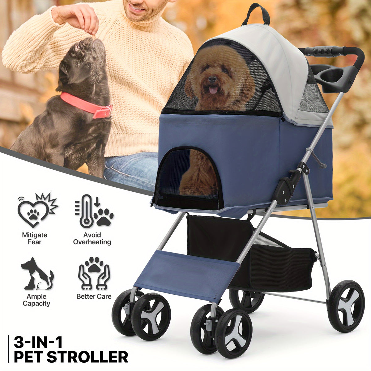 Dog Stroller for Pets up to 33 lbs, 3-in-1 Foldable Pushchair with Detachable Carrier, Car Seat Mode, Push-Button Entry and Mesh Canopy