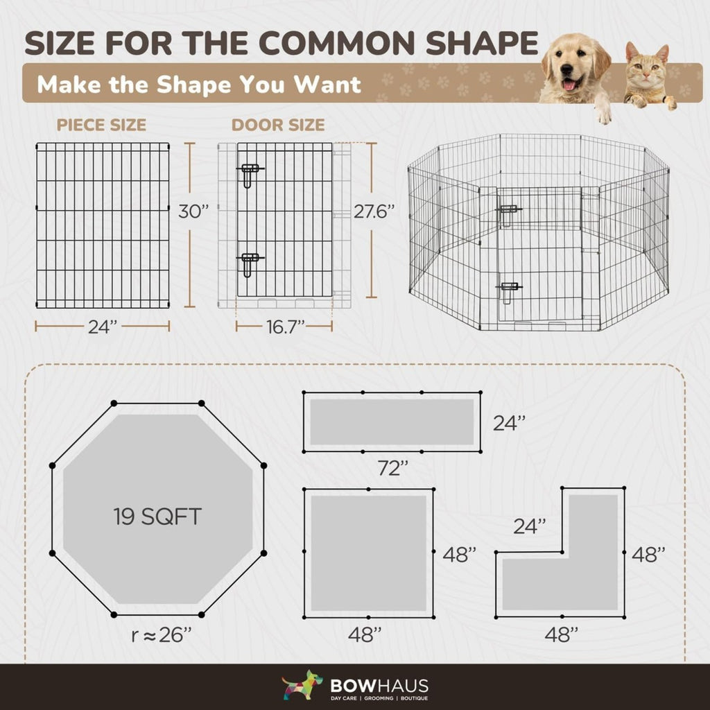Dog Playpen with Gate and 8 Foldable Metal Panels, Portable Indoor Outdoor Exercise Fence for Small Dogs, 24 Inch and 36 Inch Size Options