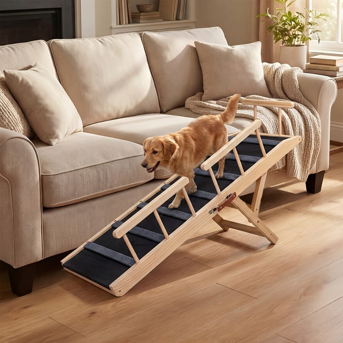 Dog Ramp with Guardrails for Bed and Couch Access, Adjustable Wooden Pet Climbing Ramp with Textured Traction Surface and Folding Support