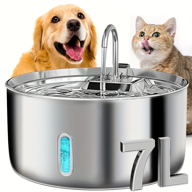 Dog Water Fountain FT007 7L, Stainless Steel USB Powered Pet Drinking Dispenser with Water Level Window and Filtration for Cats and Multi-Pet Homes