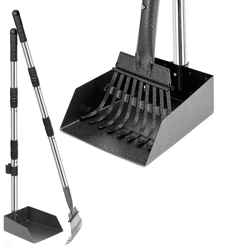 Dog Pooper Scooper Tray and Rake Set, Stainless Steel Pet Waste Removal Tools with Adjustable Handles for Everyday Yard Cleanup