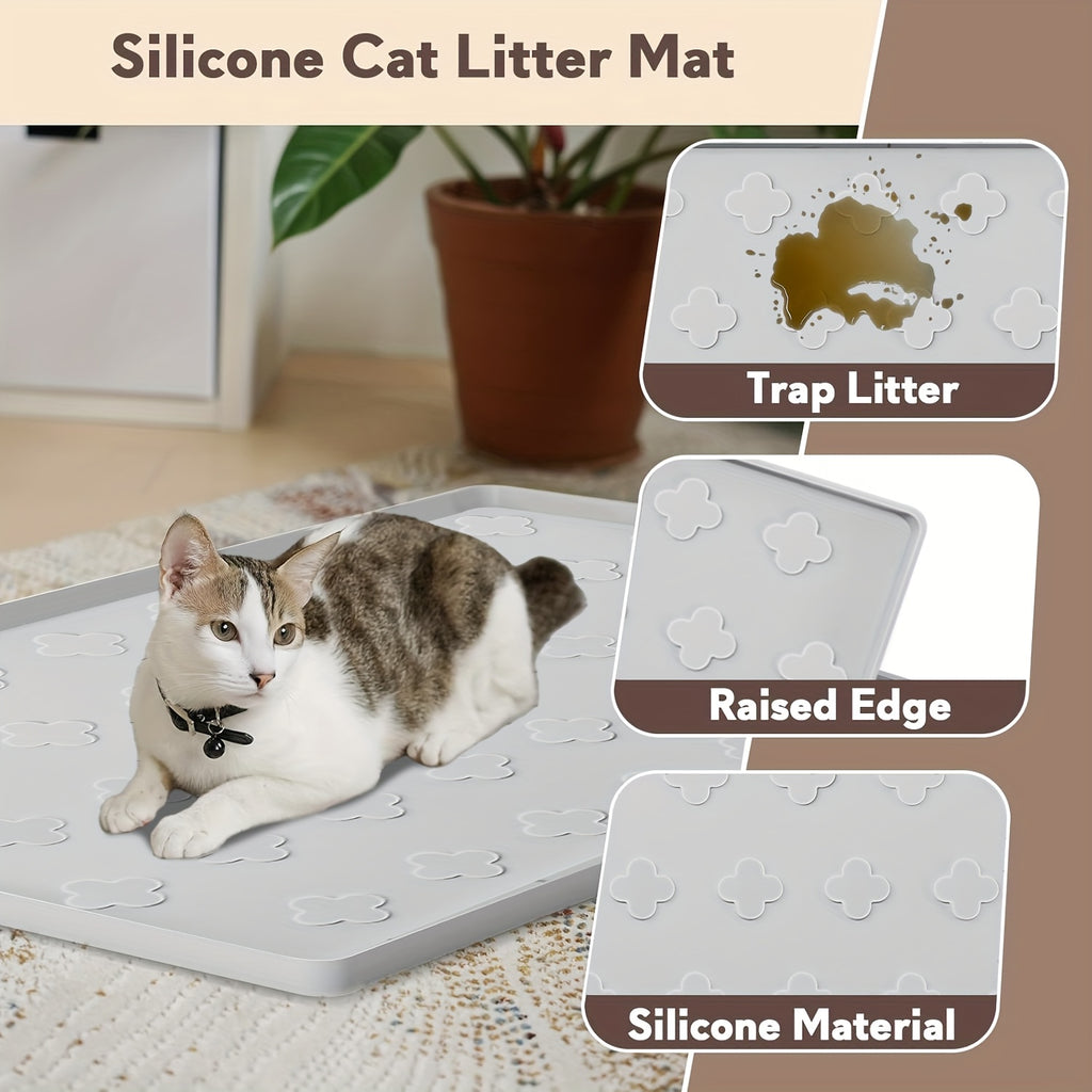 Silicone Cat Litter and Feeding Mat 34 x 22 Inches, 3-in-1 Washable Non-Slip Floor Protector with Raised Edges in Light Grey or Dark Gray