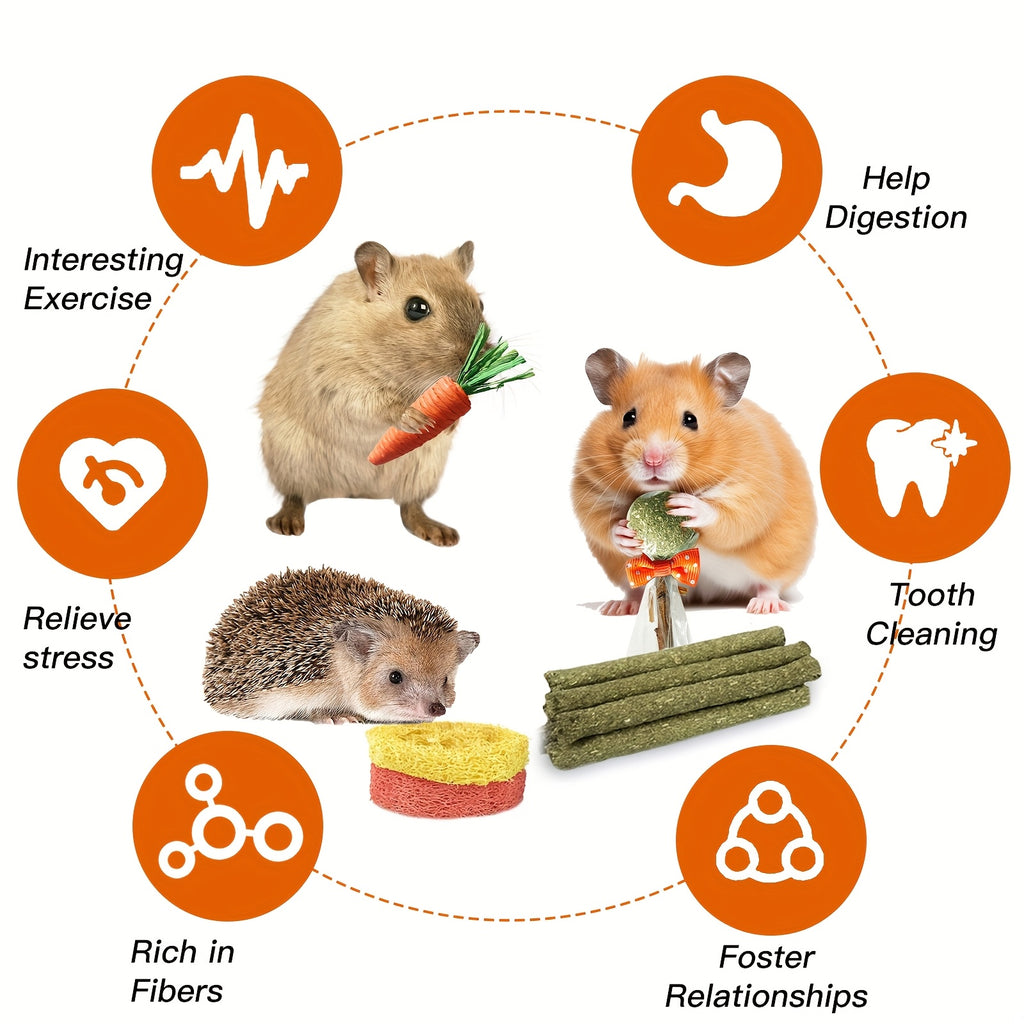 Rabbit Chew Toy Variety Set, 21 Pieces with Timothy Hay Lollipops, Grass Cakes, Hay Sticks, Carrot Shapes and Loofah Balls for Small Pet Enrichment