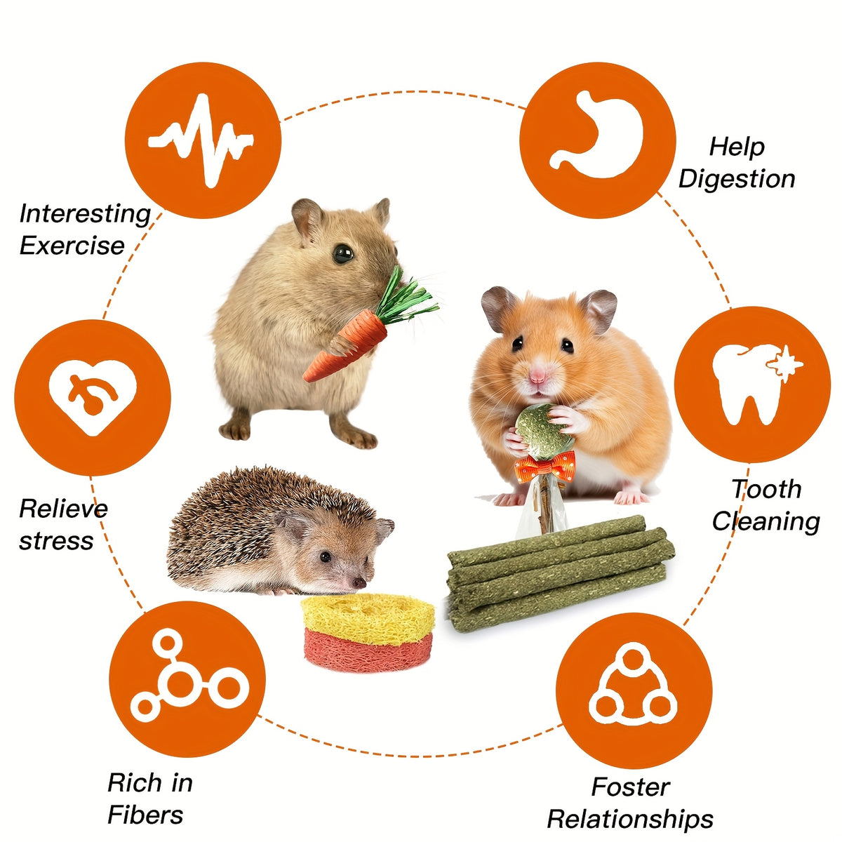 Rabbit Chew Toy Variety Set, 21 Pieces with Timothy Hay Lollipops, Grass Cakes, Hay Sticks, Carrot Shapes and Loofah Balls for Small Pet Enrichment