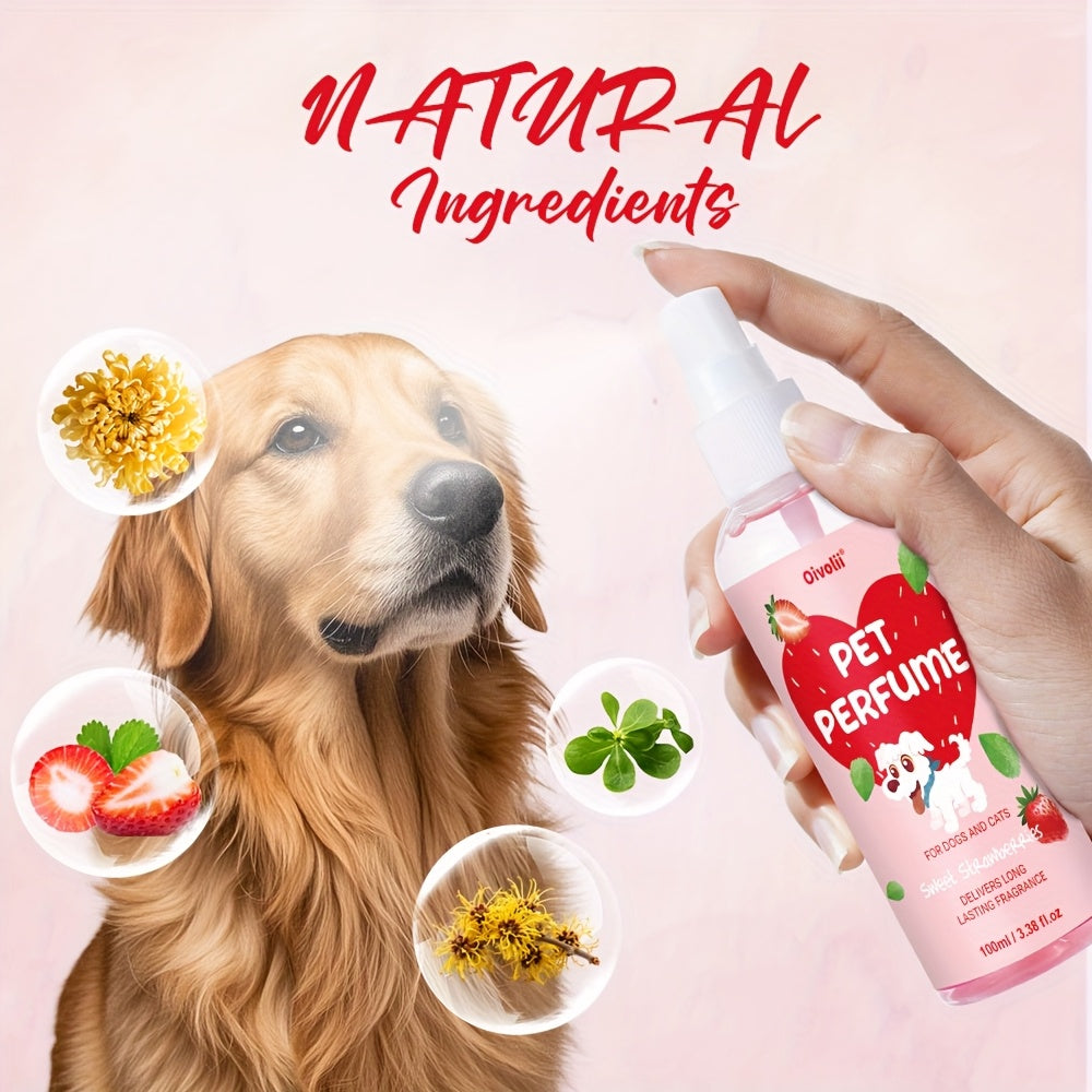 Dog Perfume Spray with Sweet Strawberry Scent, 100ml Pet Cologne and Deodorizing Mist for Label-Directed Coat and Bedding Freshening