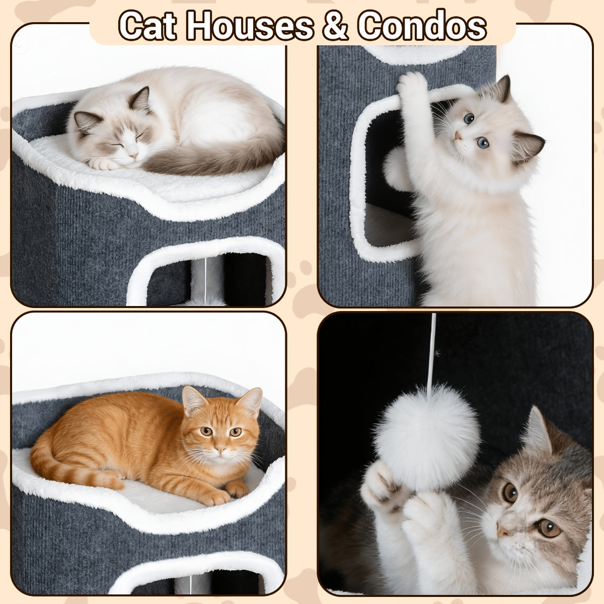 Cat Tree with Three-Layer Foldable Tower, Indoor Cat Condo with Cozy Top Bed, Hanging Ball Toys and Scratch-Resistant Surface for Small Spaces