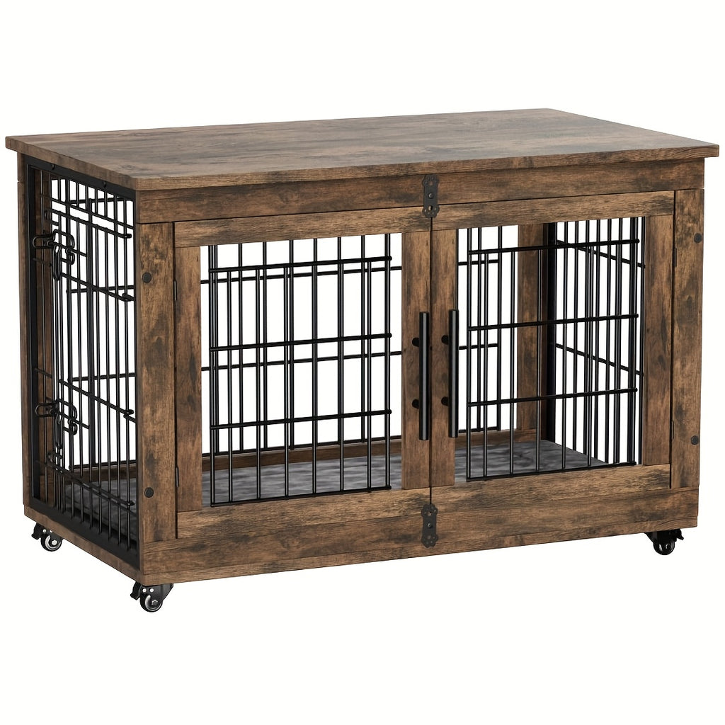 Wooden Dog Crate Furniture with Cushion Mat, 4 Sizes, Metal Bar Kennel End Table with Secure Lock, Reversible Side Door, Wheels or Anti-Slip Feet, Gray or Brown for S to XL Dogs