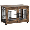 Wooden Dog Crate Furniture with Cushion Mat, 4 Sizes, Metal Bar Kennel End Table with Secure Lock, Reversible Side Door, Wheels or Anti-Slip Feet, Gray or Brown for S to XL Dogs
