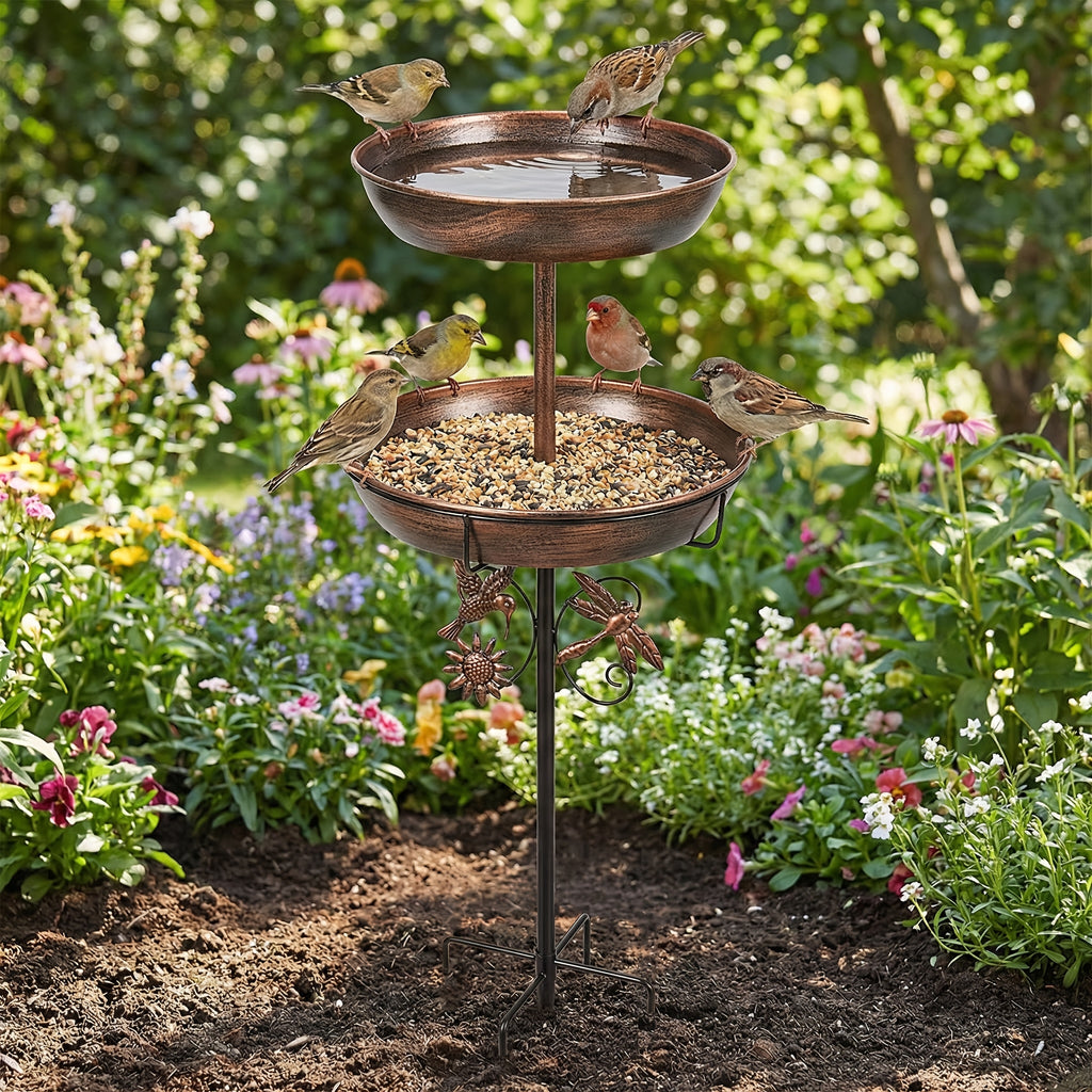 Bird Bath and Feeder 2-in-1, Bronze Double-Tier Iron Birdbath with 5-Prong Ground Stake and Vintage Garden Accents for Outdoor Yards