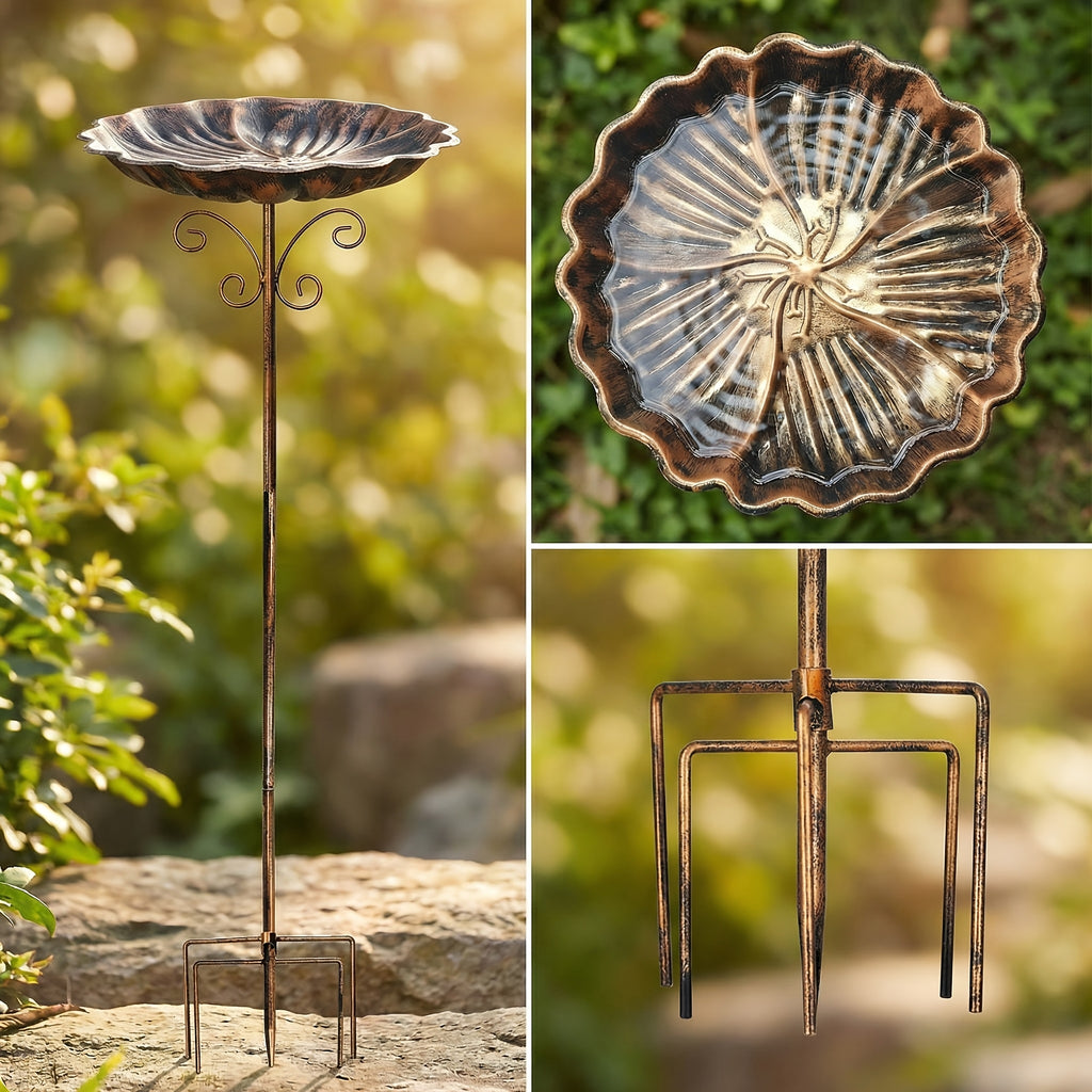 Garden Bird Bath with Ground Stake, 30.31-Inch Retro Metal Birdbath with Scalloped 10-Inch Basin, Copper or Bronze Color for Outdoor Yards