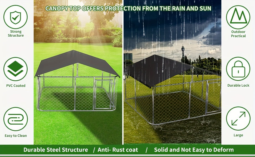 Galvanized Metal Dog Kennel with Canopy, Outdoor Steel Mesh Enclosure with Lockable Gate and PE Roof Cover, Three Backyard Dog Run Size Options