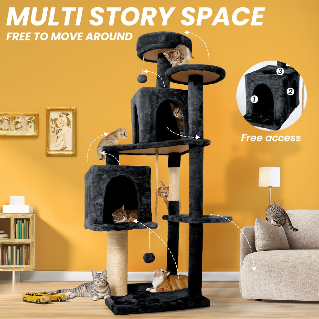 Cat Tower for Indoor Cats 59 Inch, Multi-Level Cat Tree with 2 Condos, Round Top Perch, Sisal Scratching Posts and Hanging Ball Toy, Plush Cat Furniture in 5 Colors