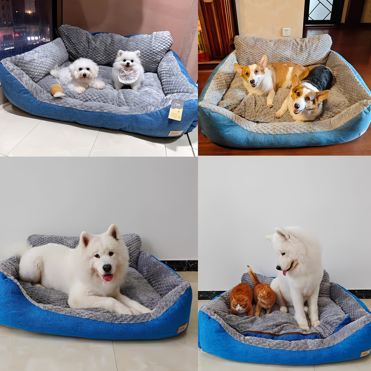 High Back Dog Sofa Bed with Plush Textured Cushion, Blue and Gray Bolster Pet Couch in Four Sizes for Small to Large Dogs and Cozy Indoor Rest