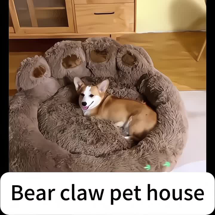 Paw Shaped Pet Bed for Dogs and Cats, Fluffy Plush Sleeping Nest with Raised Sides and Non-Slip Base, Brown Grey or Pink Red Size Options