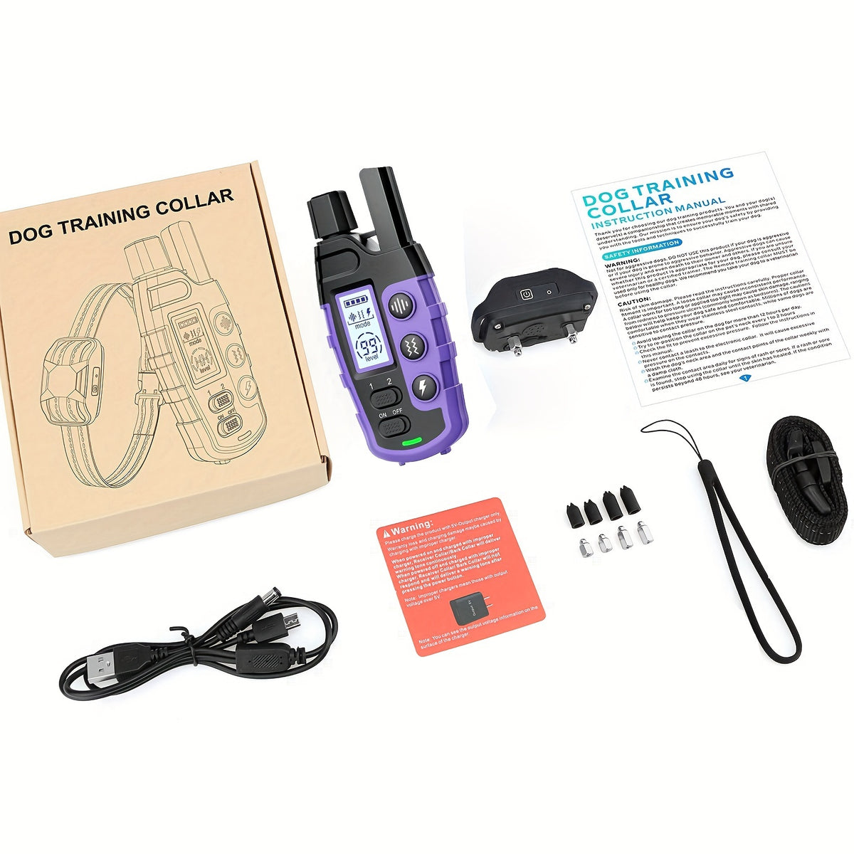 Dog Training Collars for 2 Dogs with Remote, Purple Rechargeable E Collar Set with Adjustable Nylon Straps, Beep, Vibration and Static Modes