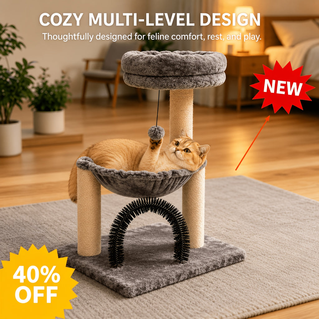 Cat Tree for Kittens and Small Cats, 27.8-Inch Gray Indoor Tower with Plush Basket, Top Perch, Scratching Posts and Dangling Ball Toy