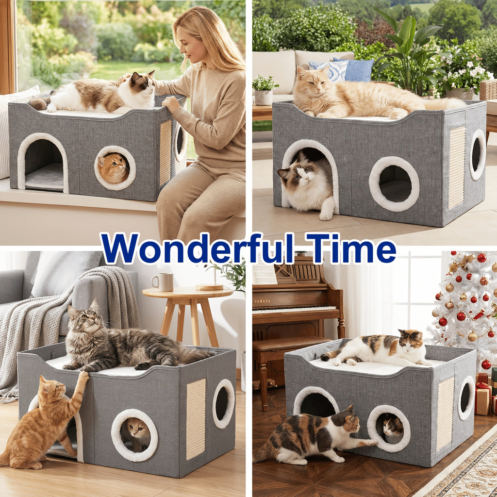 Foldable Cat House with Double-Layer Enclosed Bed and Sisal Scratching Feature, Grey Indoor Cat Hideaway with Multiple Openings for Small Spaces