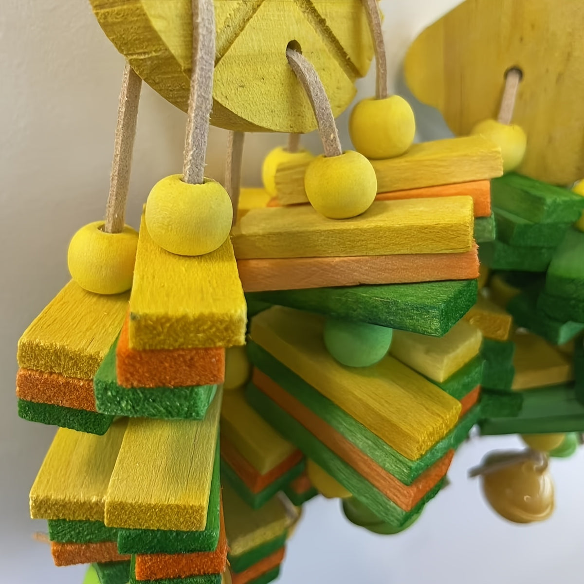 Fruit Shaped Bird Chew Toy Set with Pineapple and Banana Designs, Colorful Wooden Blocks, Beads and Bells for Supervised Parrot Cage Enrichment