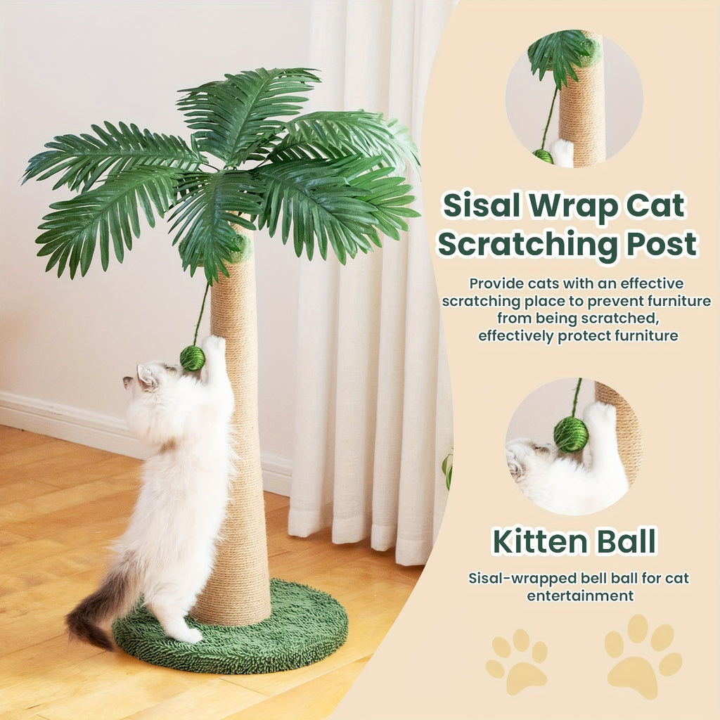 Coconut Tree Cat Scratching Post 43 Inch, Tall Sisal Scratcher with Three Hanging Pom-Pom Toys and Soft Fabric Round Base for Indoor Cats