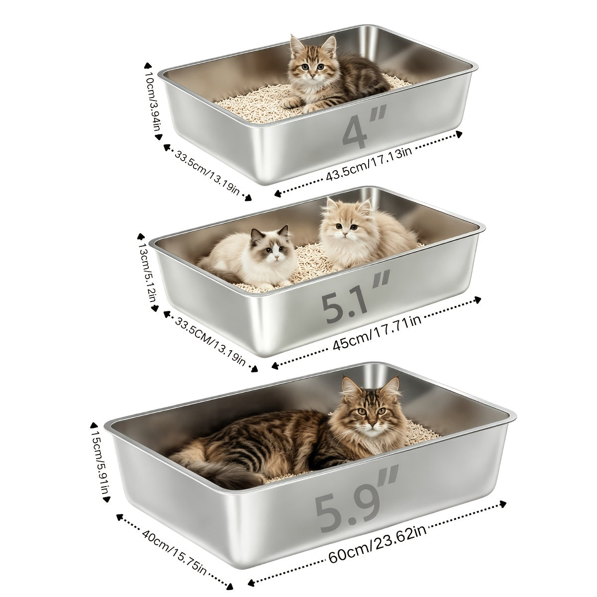 Stainless Steel Cat Litter Box Twin Set, 2-Pack Easy-Clean Metal Litter Pans with 2 Scoops and Non-Slip Bottom Pads, Three Size Options