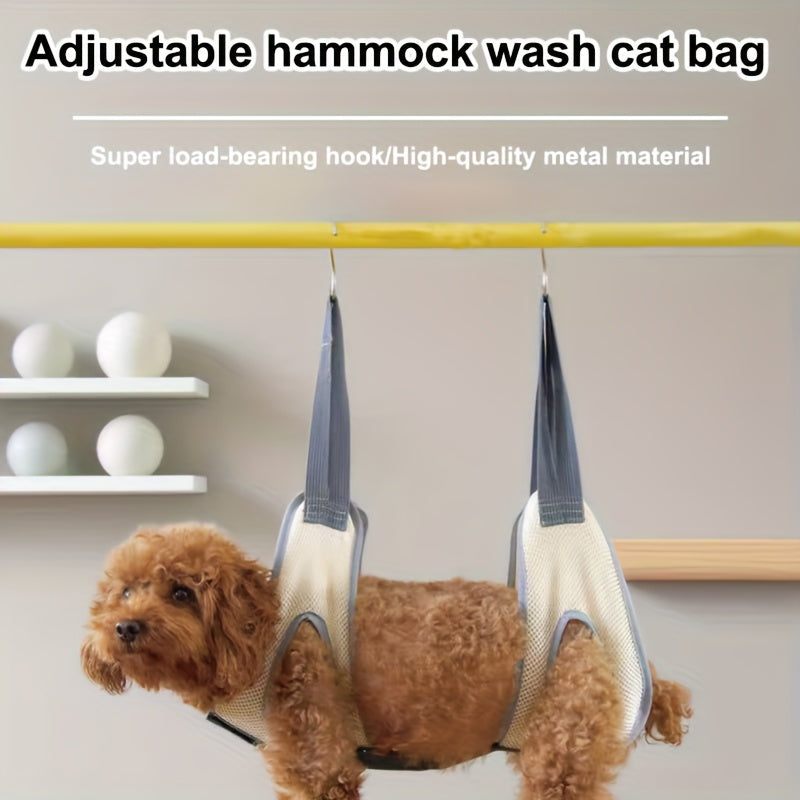 Mesh Pet Grooming Hammock with Adjustable Straps and Hooks, Breathable Nail Trimming Support Sling for Cats and Small Dogs in Grey or Pink